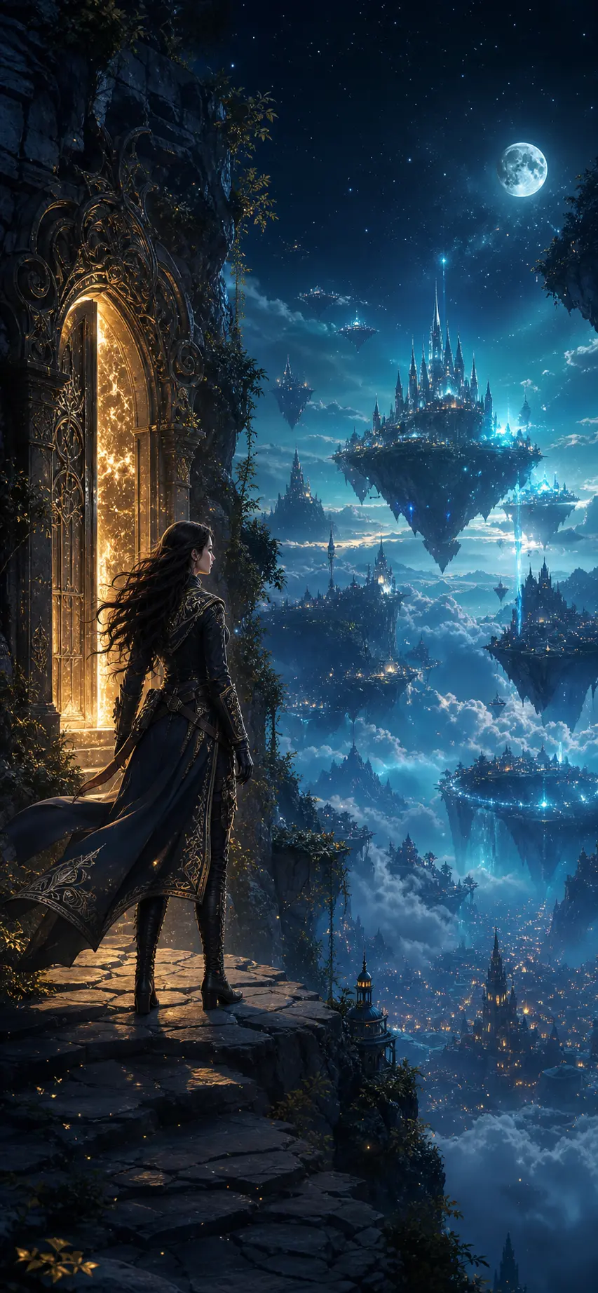 Everlore key art — a traveller at a lit gateway above a sky of floating realms