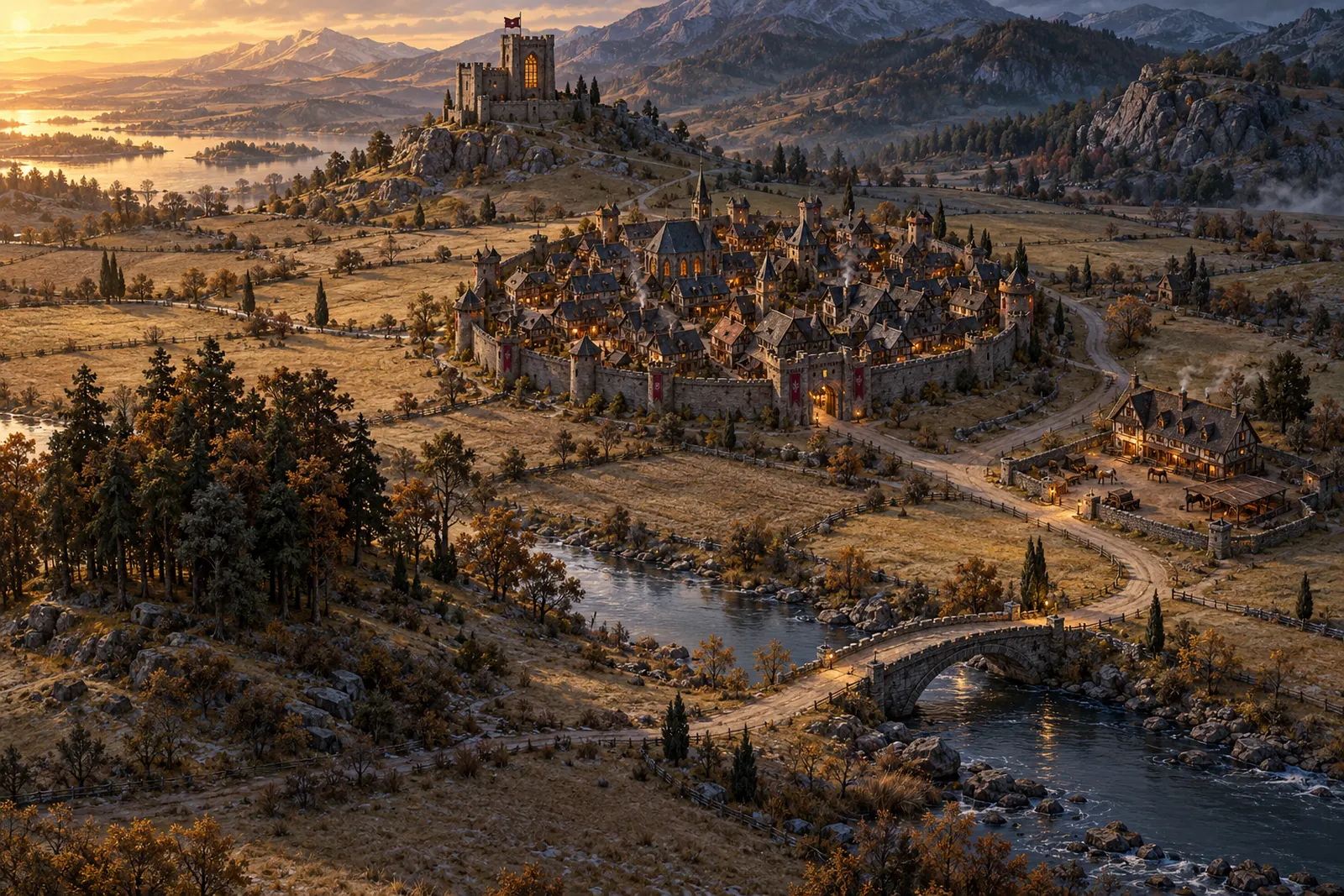 A painted atlas of a walled town on a hill, a castle above it, a river and a stone bridge below