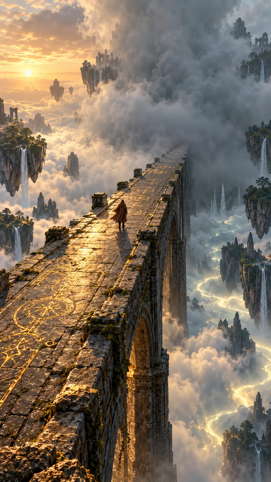 From the film, wide: the traveller small on the long bridge, walking into the mist