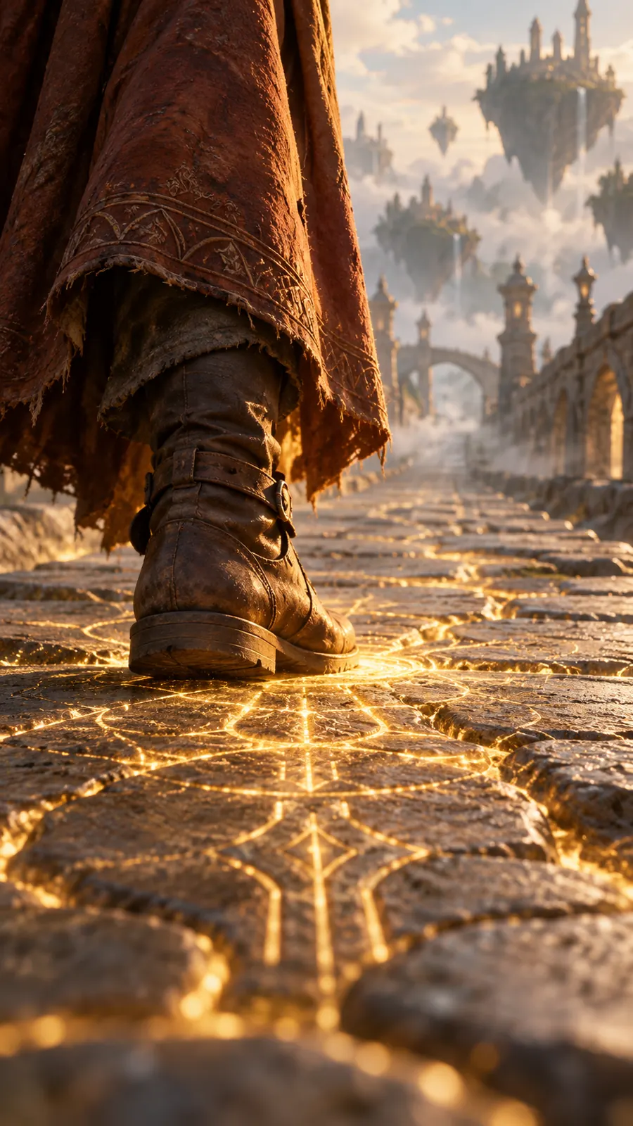 From the film, close: the traveller’s boot on the glowing runes of the bridge