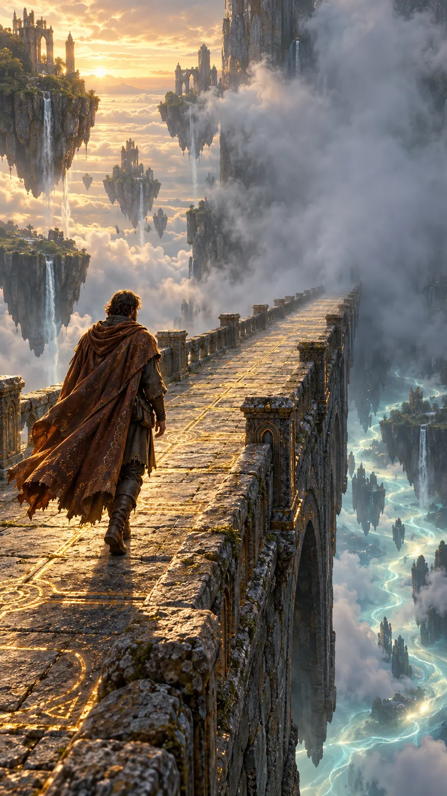 A traveller in a red cloak steps onto an ancient stone bridge above the mist, floating islands all around