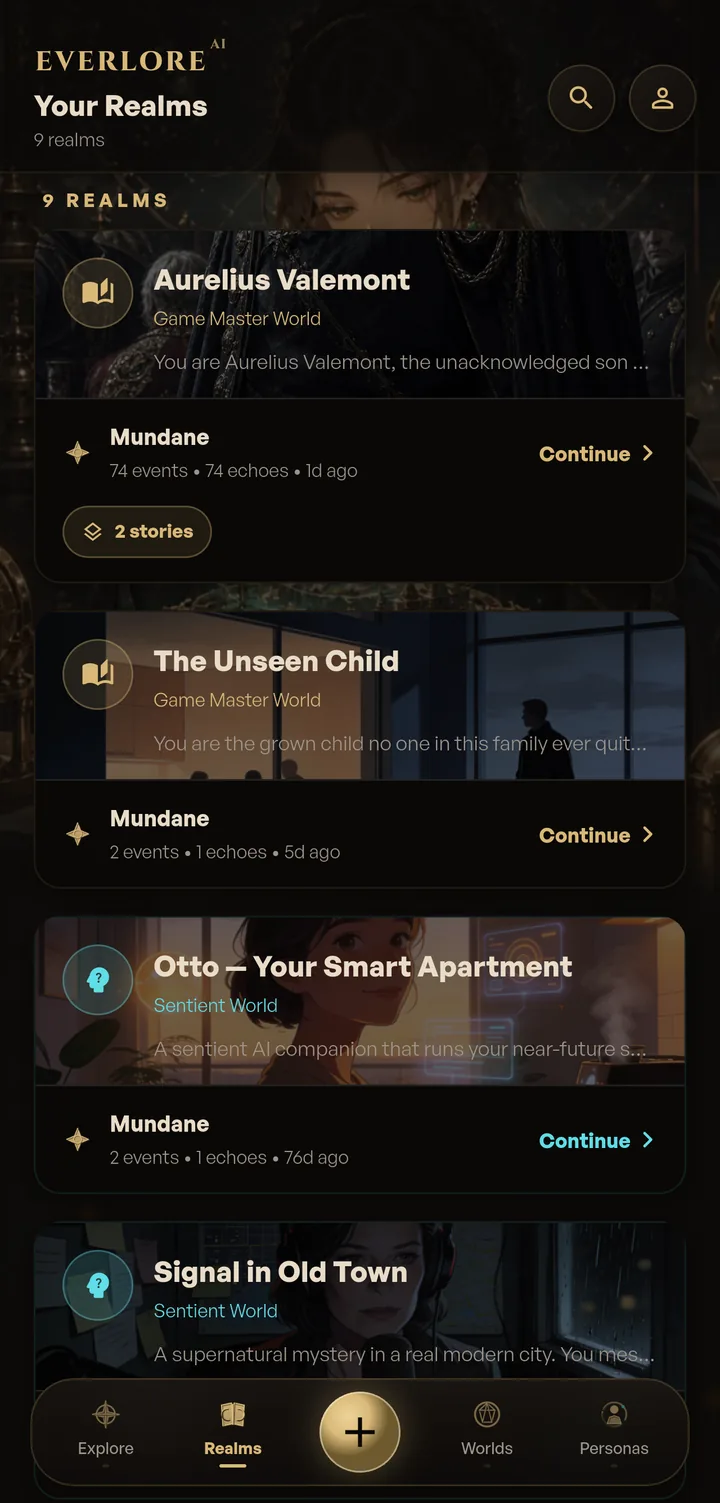 The Your Realms screen listing playthroughs with turn counts, echo counts and last-played times