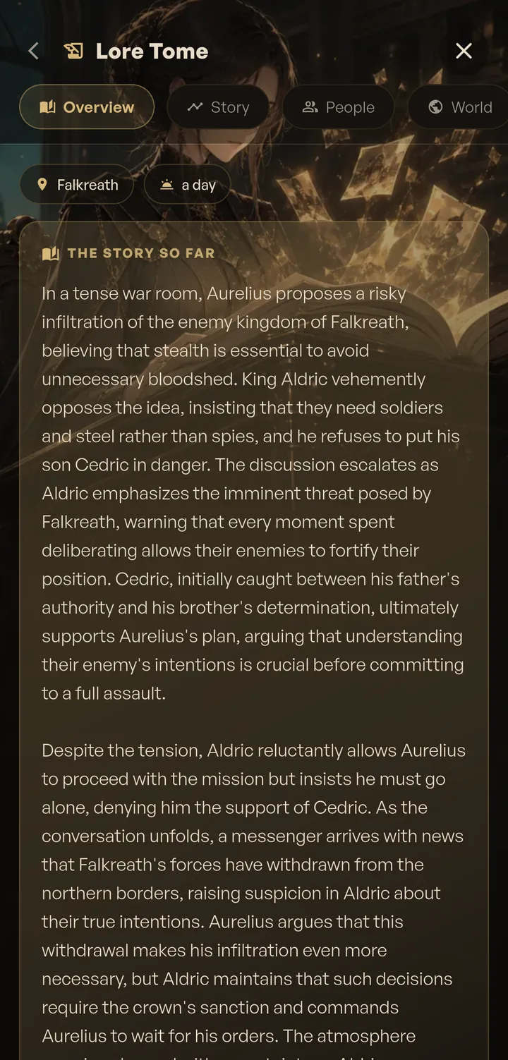 The Lore Tome overview tab showing a prose recap of the story so far with location and time pills