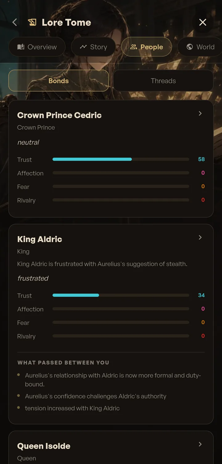The Lore Tome People tab showing bond meters for Crown Prince Cedric and King Aldric plus what passed between them